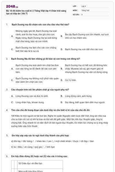 Bộ 10 đề kiểm tra cuối kì 2 Tiếng Việt lớp 4 Chân trời sáng tạo có đáp án ( Đề 7)