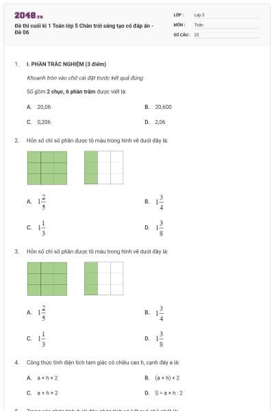 Đề thi cuối kì 1 Toán lớp 5 Chân trời sáng tạo có đáp án - Đề 06