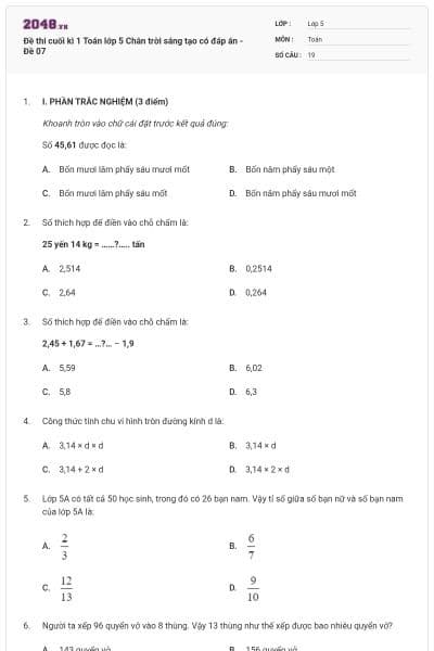 Đề thi cuối kì 1 Toán lớp 5 Chân trời sáng tạo có đáp án - Đề 07