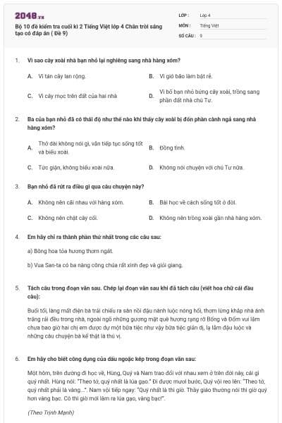 Bộ 10 đề kiểm tra cuối kì 2 Tiếng Việt lớp 4 Chân trời sáng tạo có đáp án ( Đề 9)