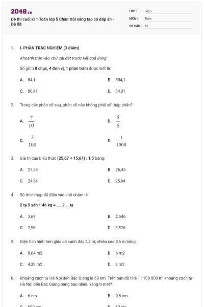 Đề thi cuối kì 1 Toán lớp 5 Chân trời sáng tạo có đáp án - Đề 08