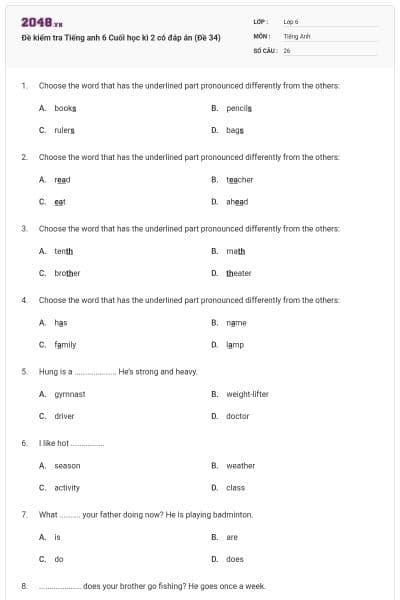 Đề kiểm tra Tiếng anh 6 Cuối học kì 2 có đáp án (Đề 34)