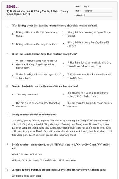 Bộ 10 đề kiểm tra cuối kì 2 Tiếng Việt lớp 4 Chân trời sáng tạo có đáp án ( Đề 10)