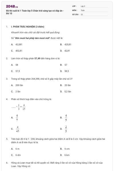 Đề thi cuối kì 1 Toán lớp 5 Chân trời sáng tạo có đáp án - Đề 10