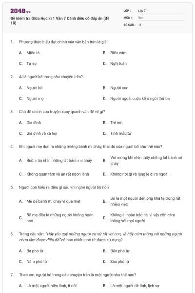 Đề kiểm tra Giữa Học kì 1 Văn 7 Cánh diều có đáp án (đề 10)