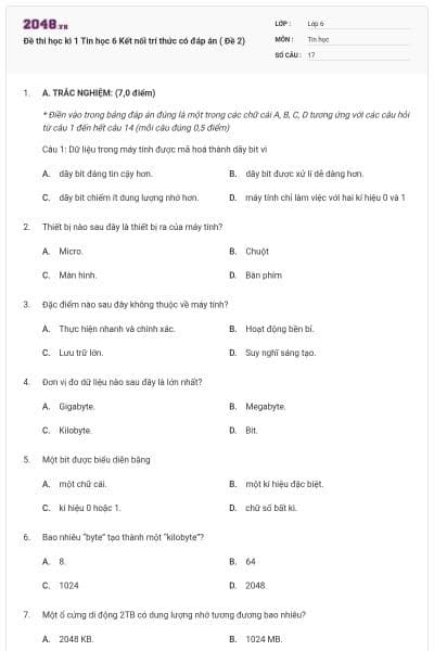 Đề thi học kì 1 Tin học 6 Kết nối trí thức có đáp án ( Đề 2)