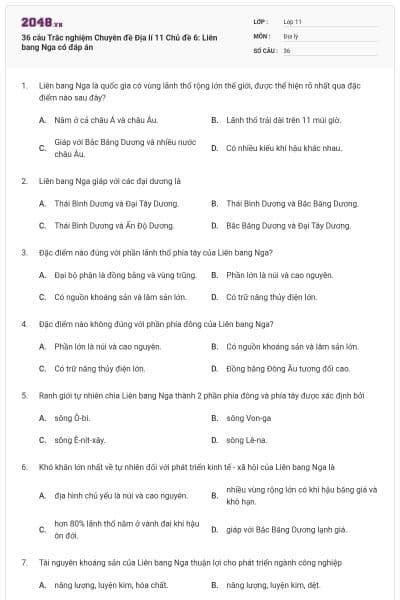 36 câu Trắc nghiệm Chuyên đề Địa lí 11 Chủ đề 6: Liên bang Nga có đáp án