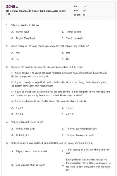 Đề kiểm tra Giữa Học kì 1 Văn 7 Cánh diều có đáp án (đề 11)