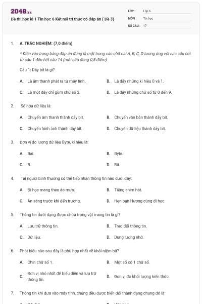 Đề thi học kì 1 Tin học 6 Kết nối trí thức có đáp án ( Đề 3)