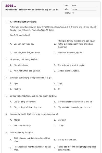 Đề thi học kì 1 Tin học 6 Kết nối trí thức có đáp án ( Đề 4)