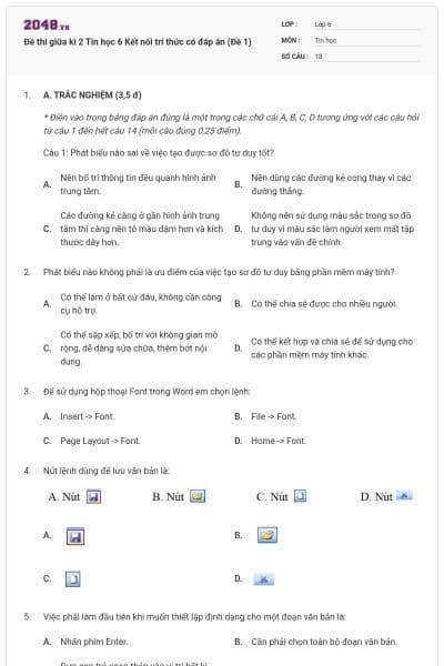 Đề thi giữa kì 2 Tin học 6 Kết nối trí thức có đáp án (Đề 1)