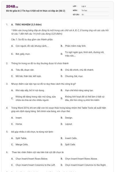 Đề thi giữa kì 2 Tin học 6 Kết nối trí thức có đáp án (Đề 2)