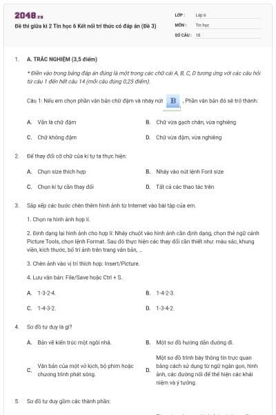 Đề thi giữa kì 2 Tin học 6 Kết nối trí thức có đáp án (Đề 3)