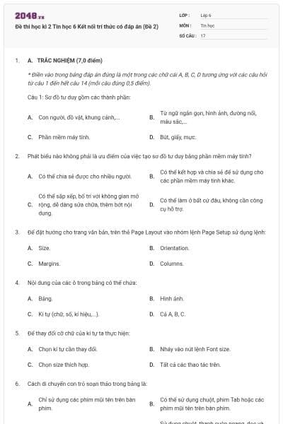 Đề thi học kì 2 Tin học 6 Kết nối trí thức có đáp án (Đề 2)