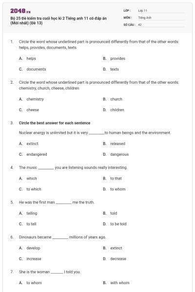 Bộ 25 Đề kiểm tra cuối học kì 2 Tiếng anh 11 có đáp án (Mới nhất) (Đề 13)
