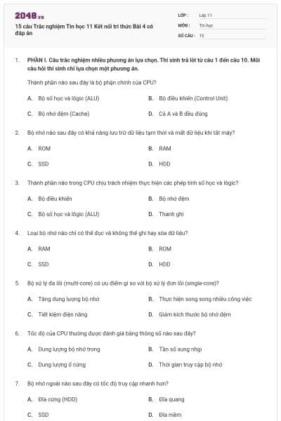 15 câu Trắc nghiệm Tin học 11 Kết nối tri thức Bài 4 có đáp án