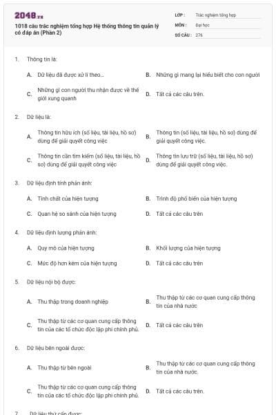 1018 câu trắc nghiệm tổng hợp Hệ thống thông tin quản lý có đáp án (Phần 2)