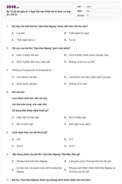 Bộ 15 đề thi giữa kì 1 Ngữ Văn lớp 8 Kết nối tri thức có đáp án ( Đề 2)