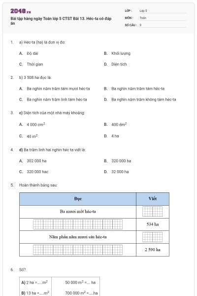 Bài tập hàng ngày Toán lớp 5 CTST Bài 13. Héc-ta có đáp án