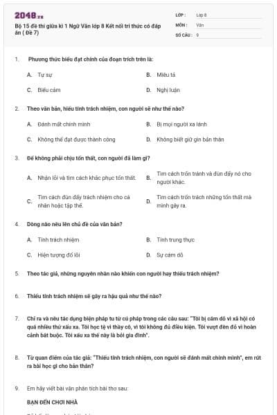 Bộ 15 đề thi giữa kì 1 Ngữ Văn lớp 8 Kết nối tri thức có đáp án ( Đề 7)