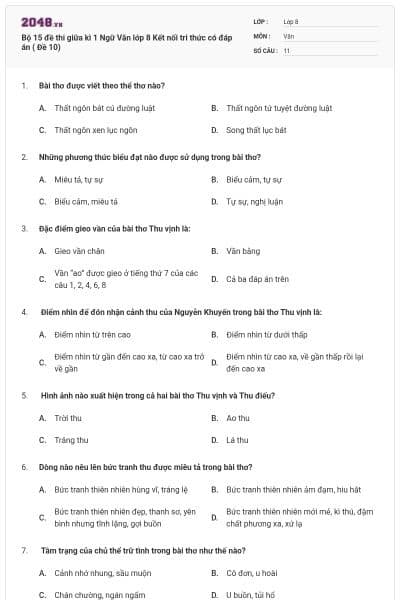 Bộ 15 đề thi giữa kì 1 Ngữ Văn lớp 8 Kết nối tri thức có đáp án ( Đề 10)