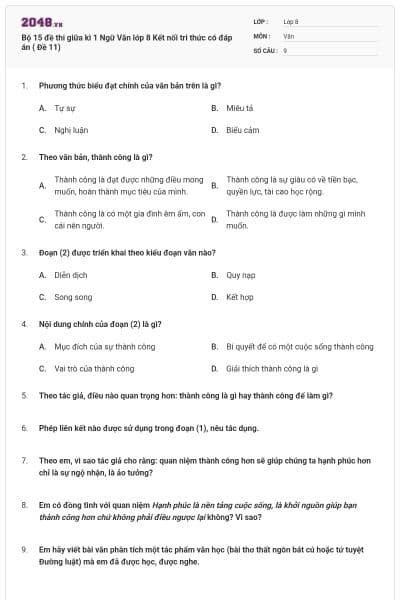Bộ 15 đề thi giữa kì 1 Ngữ Văn lớp 8 Kết nối tri thức có đáp án ( Đề 11)