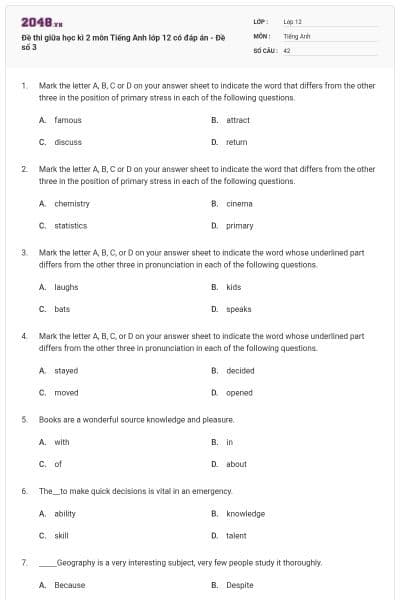 Đề thi giữa học kì 2 môn Tiếng Anh lớp 12 có đáp án - Đề số 3