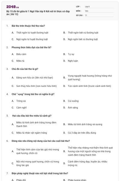 Bộ 15 đề thi giữa kì 1 Ngữ Văn lớp 8 Kết nối tri thức có đáp án ( Đề 13)
