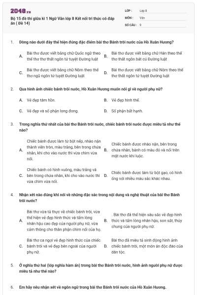 Bộ 15 đề thi giữa kì 1 Ngữ Văn lớp 8 Kết nối tri thức có đáp án ( Đề 14)