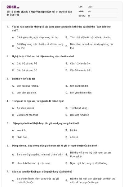 Bộ 15 đề thi giữa kì 1 Ngữ Văn lớp 8 Kết nối tri thức có đáp án ( Đề 15)