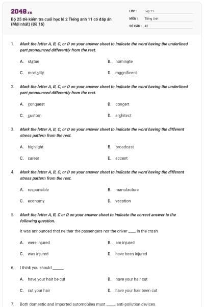 Bộ 25 Đề kiểm tra cuối học kì 2 Tiếng anh 11 có đáp án (Mới nhất) (Đề 16)