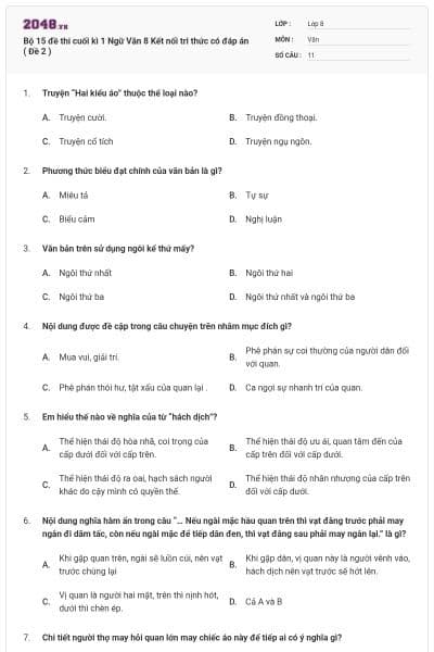 Bộ 15 đề thi cuối kì 1 Ngữ Văn 8 Kết nối tri thức có đáp án ( Đề 2 )