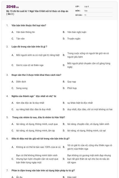 Bộ 15 đề thi cuối kì 1 Ngữ Văn 8 Kết nối tri thức có đáp án ( Đề 3 )