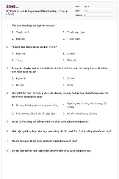 Bộ 15 đề thi cuối kì 1 Ngữ Văn 8 Kết nối tri thức có đáp án ( Đề 4 )