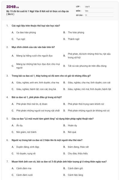 Bộ 15 đề thi cuối kì 1 Ngữ Văn 8 Kết nối tri thức có đáp án ( Đề 6 )