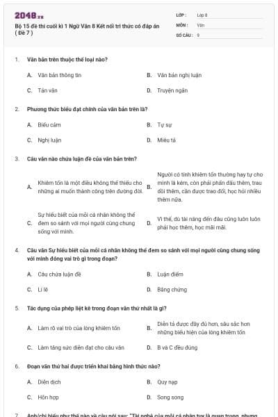Bộ 15 đề thi cuối kì 1 Ngữ Văn 8 Kết nối tri thức có đáp án ( Đề 7 )