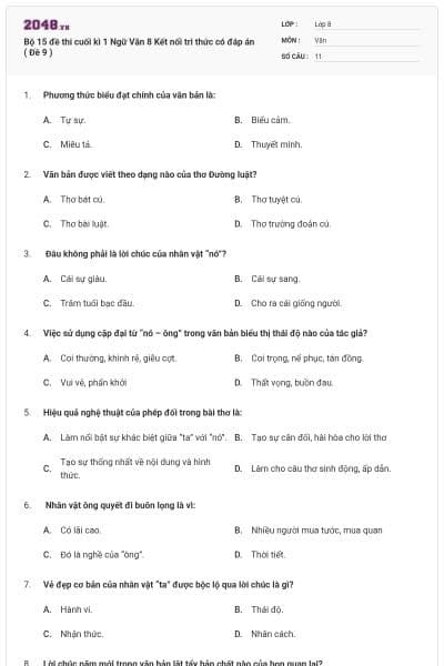 Bộ 15 đề thi cuối kì 1 Ngữ Văn 8 Kết nối tri thức có đáp án ( Đề 9 )