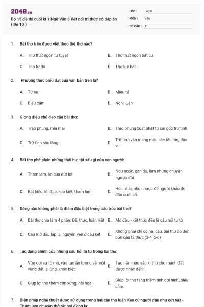 Bộ 15 đề thi cuối kì 1 Ngữ Văn 8 Kết nối tri thức có đáp án ( Đề 10 )