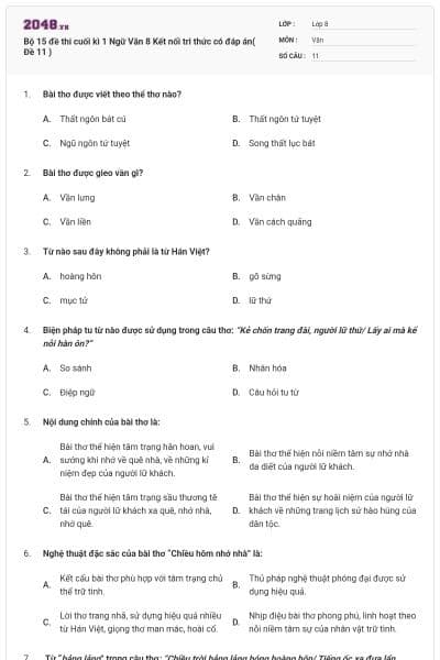 Bộ 15 đề thi cuối kì 1 Ngữ Văn 8 Kết nối tri thức có đáp án( Đề 11 )