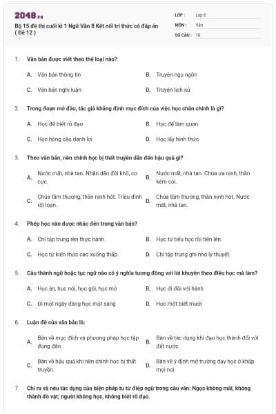 Bộ 15 đề thi cuối kì 1 Ngữ Văn 8 Kết nối tri thức có đáp án ( Đề 12 )