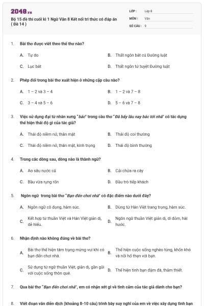 Bộ 15 đề thi cuối kì 1 Ngữ Văn 8 Kết nối tri thức có đáp án ( Đề 14 )