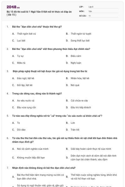 Bộ 15 đề thi cuối kì 1 Ngữ Văn 8 Kết nối tri thức có đáp án ( Đề 15 )