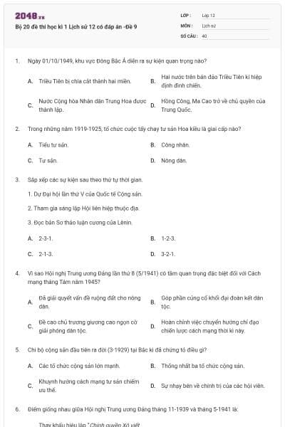 Bộ 20 đề thi học kì 1 Lịch sử 12 có đáp án -Đề 9
