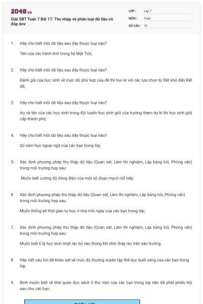 Giải SBT Toán 7 Bài 17: Thu nhập và phân loại dữ liệu có đáp ánv
