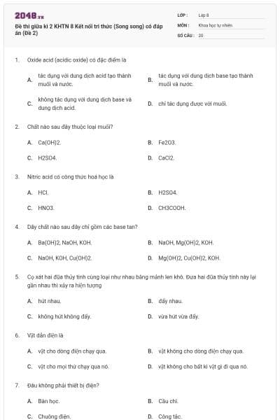 Đề thi giữa kì 2 KHTN 8 Kết nối tri thức (Song song) có đáp án (Đề 2)