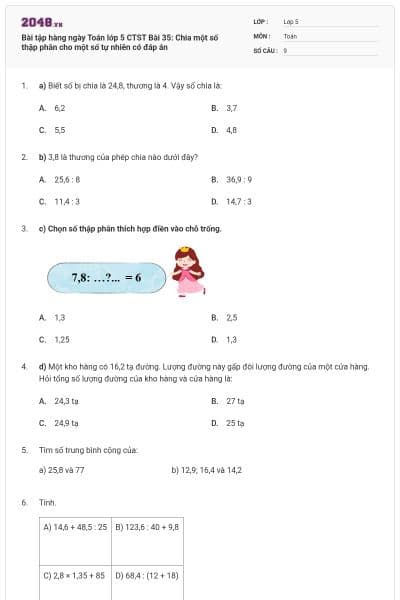 Bài tập hàng ngày Toán lớp 5 CTST Bài 35: Chia một số thập phân cho một số tự nhiên có đáp án