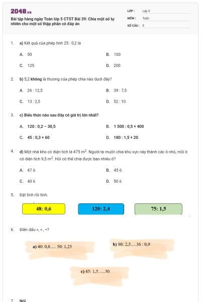 Bài tập hàng ngày Toán lớp 5 CTST Bài 39: Chia một số tự nhiên cho một số thập phân có đáp án