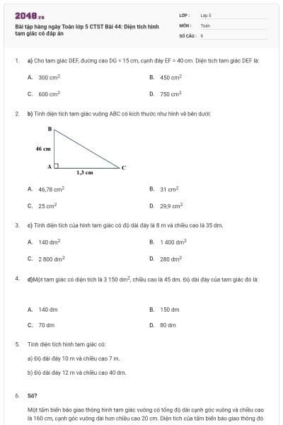 Bài tập hàng ngày Toán lớp 5 CTST Bài 44: Diện tích hình tam giác có đáp án