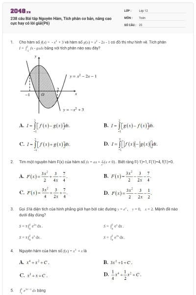 238 câu Bài tâp Nguyên Hàm, Tích phân cơ bản, nâng cao cực hay có lời giải(P6)