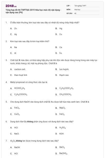 Tổng hợp đề thi THPTQG 2019 Hóa học mức độ vận dụng - vận dụng cao (P6)